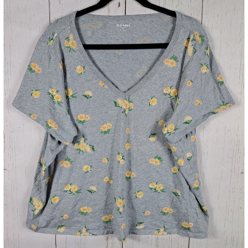 Old Navy Plus‎ Size 2X Womens Gray V Neck Floral Print Short Sleeve Cotton Top
